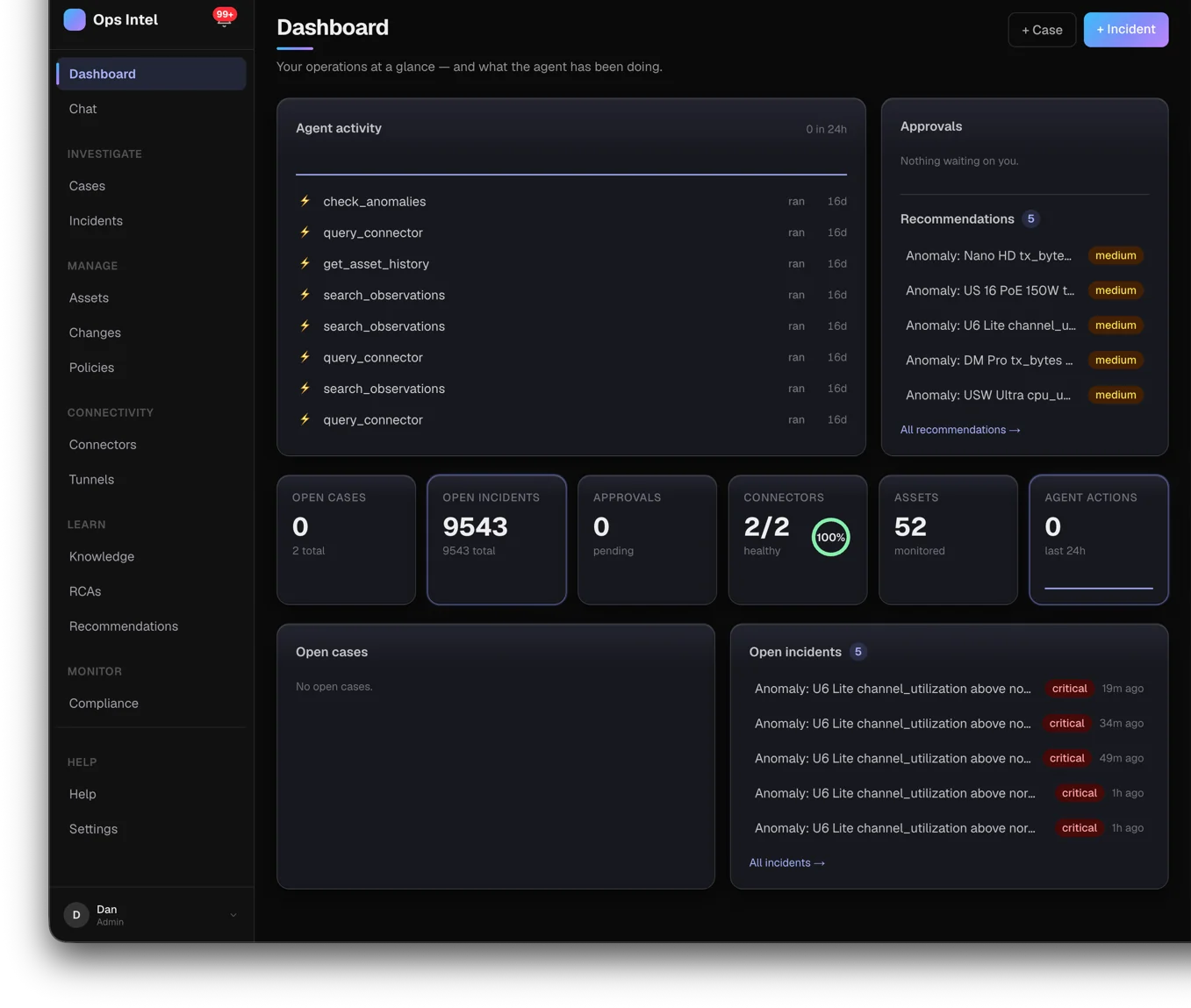 The Ops Intel dashboard: agent activity, recommendations, and fleet health at a glance.