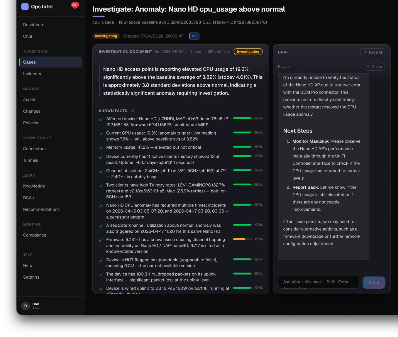 An Ops Intel investigation document with known facts scored by confidence, active hypotheses, and an AI chat proposing remediation.